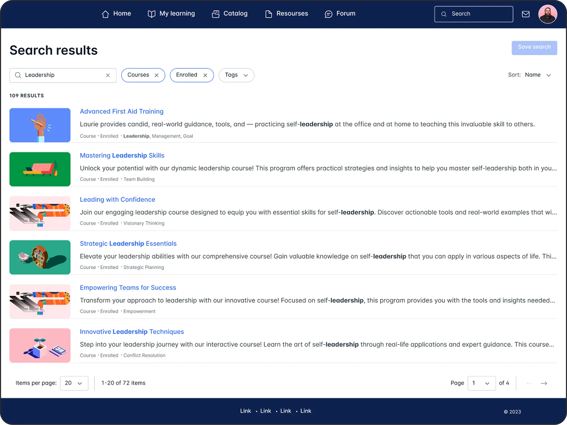 Admin search results with filters