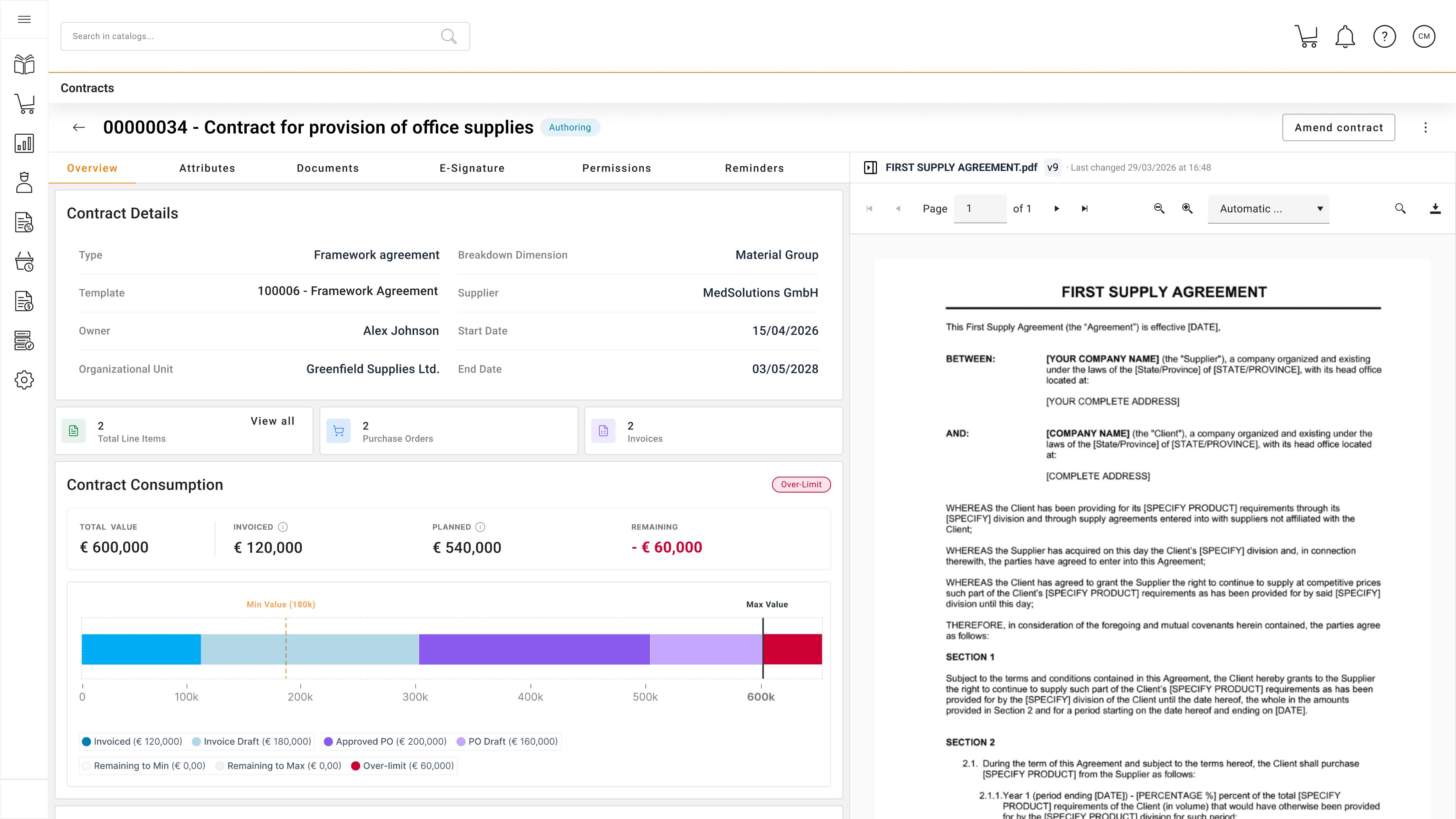 Contract authoring view with attributes grouped on a single form